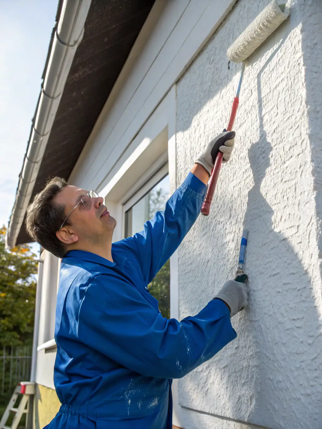 A painter using eco-friendly, low-VOC paint on an exterior wall, emphasizing ApexPrime Painting's commitment to sustainability.